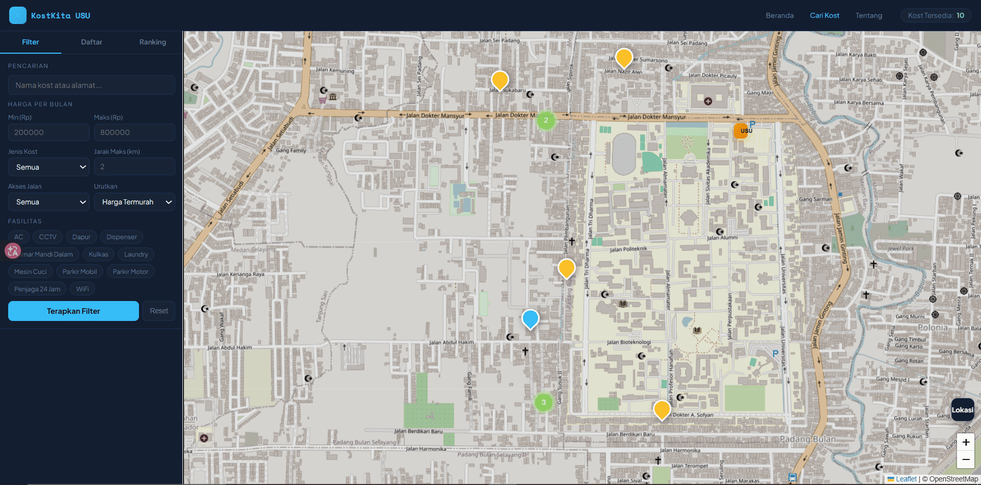 Screenshot 5 dari project Pemetaan dan Pencarian Kost Mahasiswa di Sekitar Universitas Sumatera Utara Menggunakan Sistem Informasi Geografis Berbasis Web