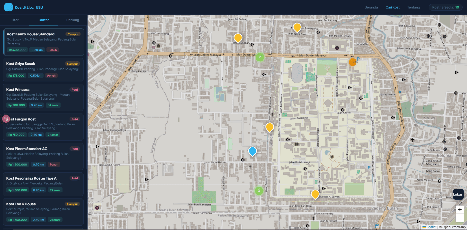 Screenshot 6 dari project Pemetaan dan Pencarian Kost Mahasiswa di Sekitar Universitas Sumatera Utara Menggunakan Sistem Informasi Geografis Berbasis Web
