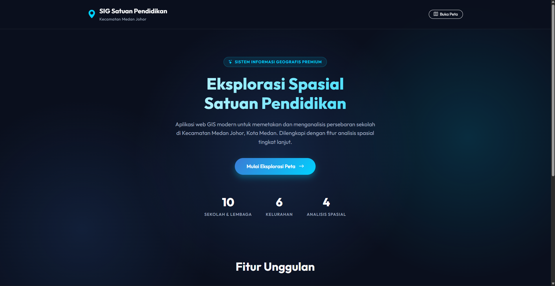 Screenshot 1 dari project Sistem Informasi Geografis (SIG) Persebaran Satuan Pendidikan Wilayah Medan Johor Berbasis Web