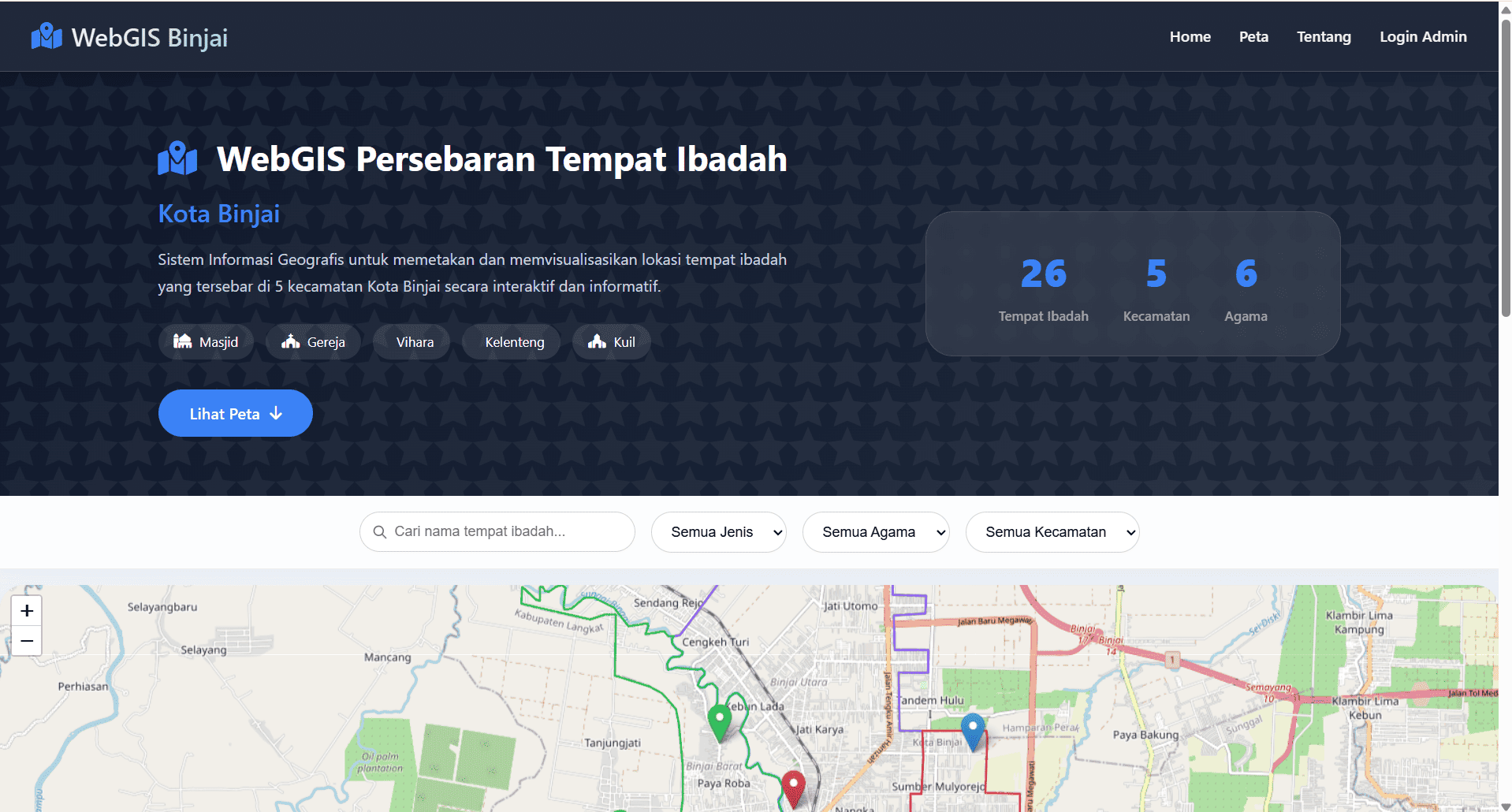 Screenshot 1 dari project Pemetaan Persebaran Tempat Ibadah di Kota Binjai Berbasis WebGIS