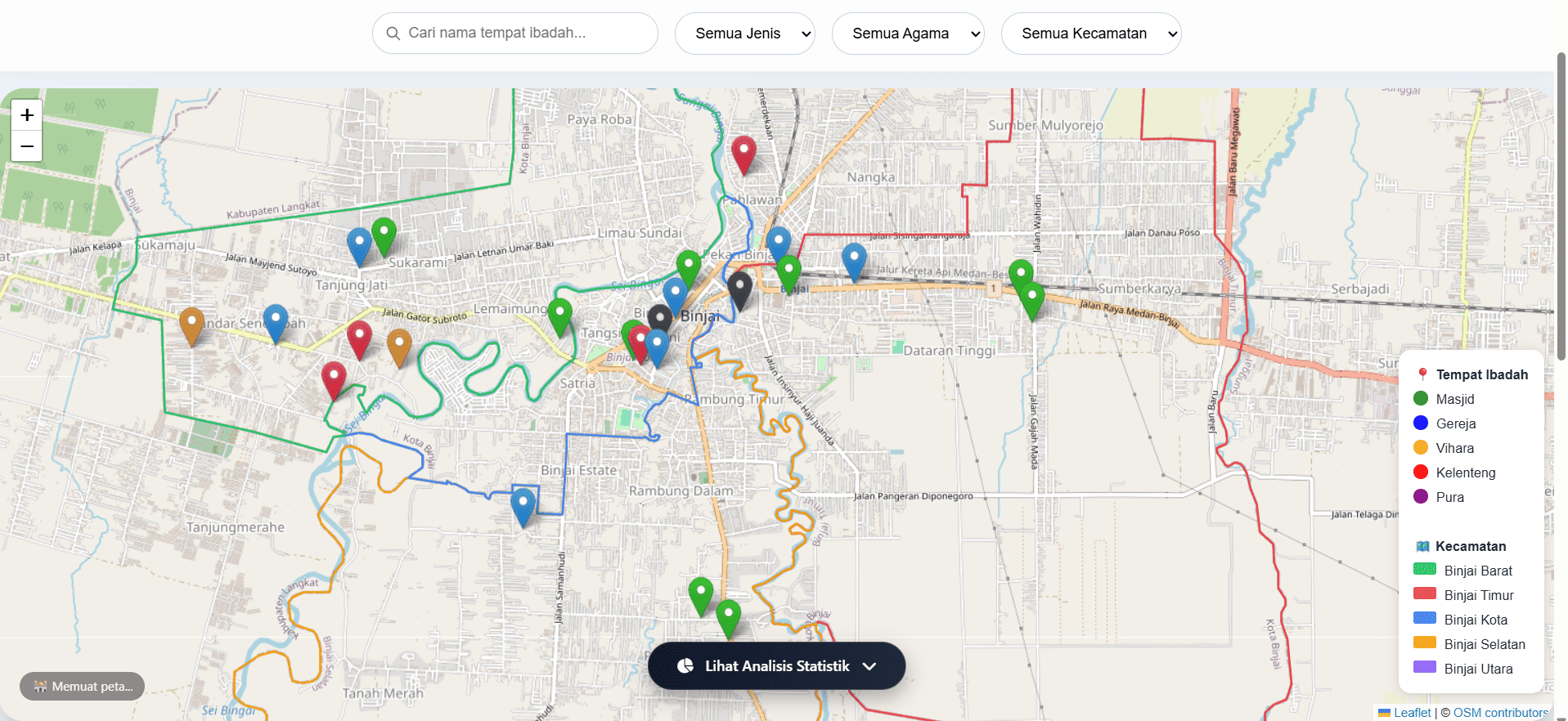 Screenshot 2 dari project Pemetaan Persebaran Tempat Ibadah di Kota Binjai Berbasis WebGIS