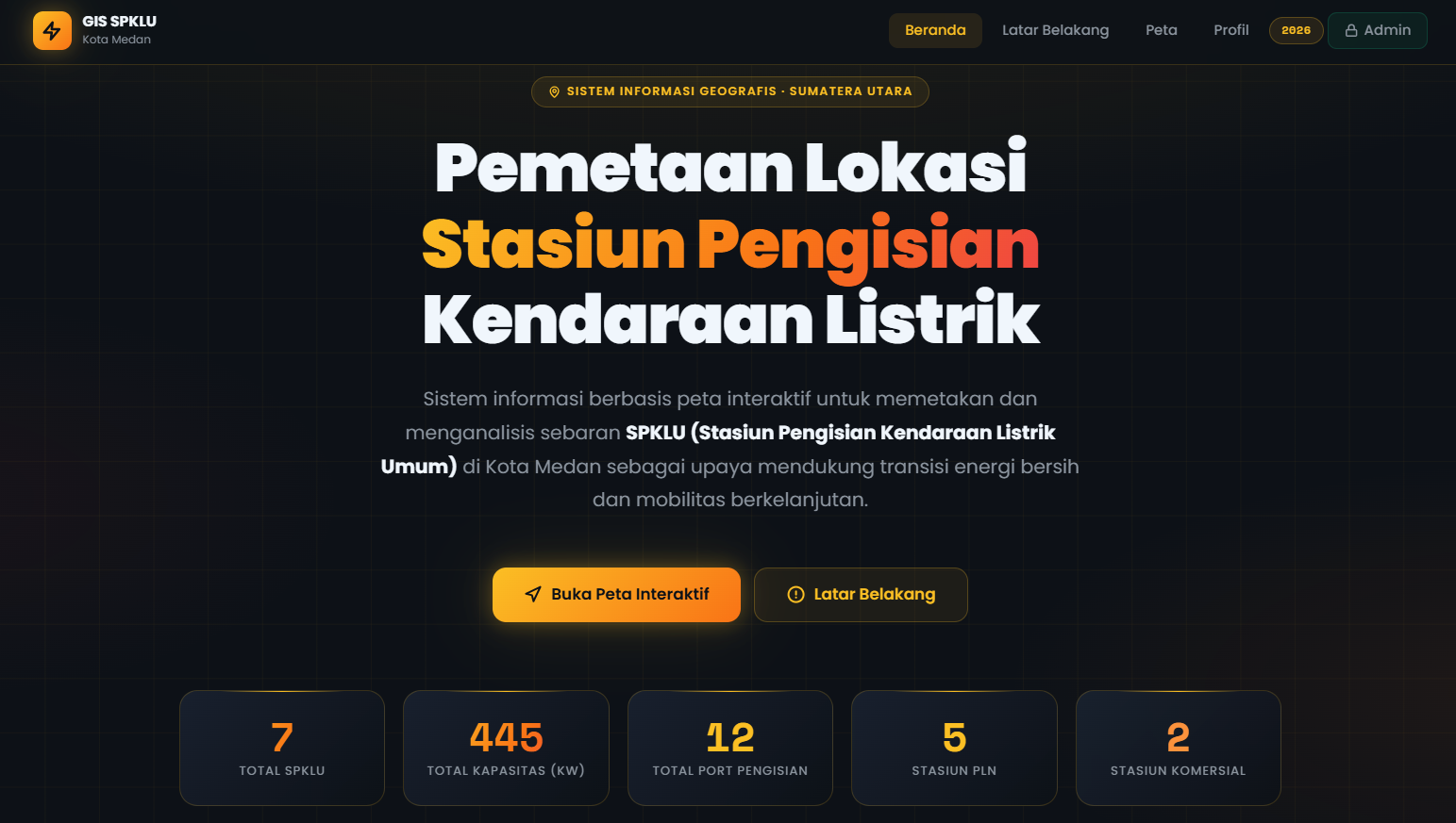 Screenshot 1 dari project Sistem Informasi Geografis (SIG) Pemetaan Lokasi Stasiun Pengisian Kendaraan Listrik Umum (SPKLU) di Kota Medan