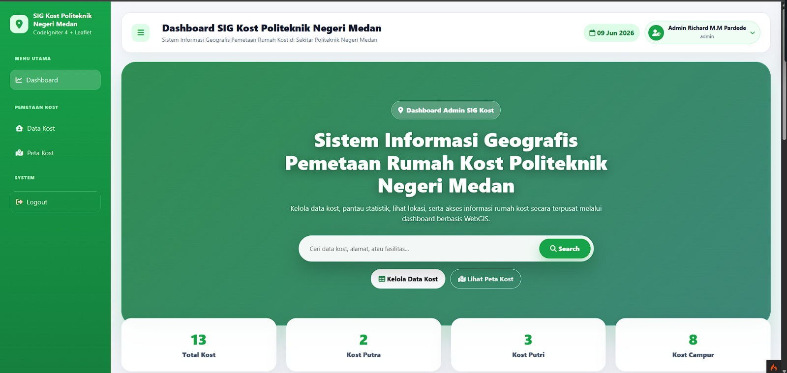 Aplikasi WebGIS untuk pemetaan dan pencarian rumah kost di sekitar Politeknik Negeri Medan menggunakan CodeIgniter 4, PostgreSQL, dan Leaflet.