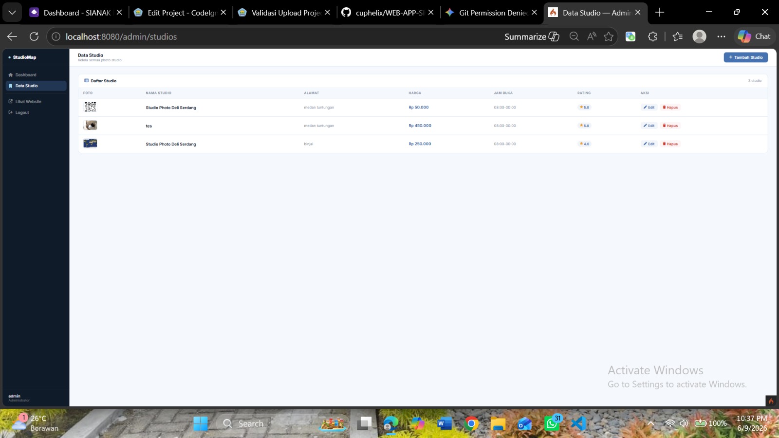 Screenshot 1 dari project WEBSITE SIG Studio Foto Kota Medan