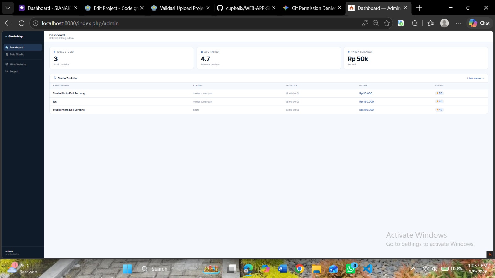 Screenshot 2 dari project WEBSITE SIG Studio Foto Kota Medan