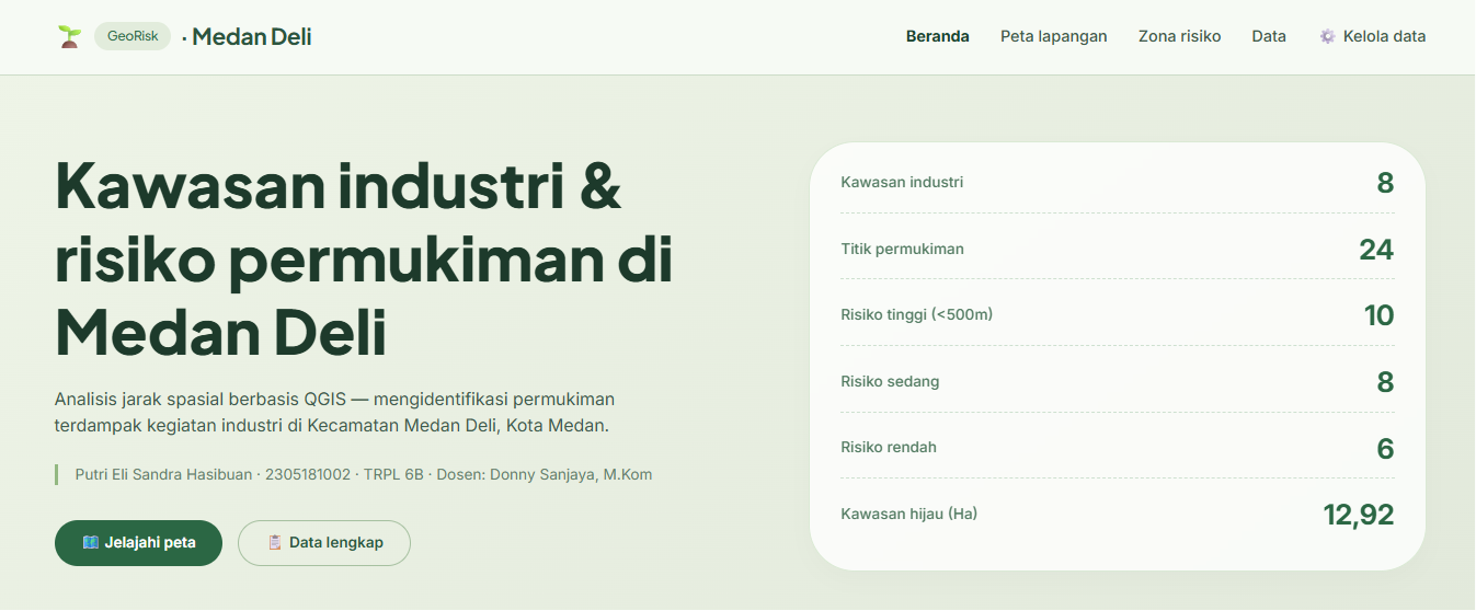 Screenshot 1 dari project Identifikasi Zona Risiko Permukiman terhadap Kedekatan Kawasan Industri di Kecamatan Medan Deli Berbasis Sistem Informasi Geografis