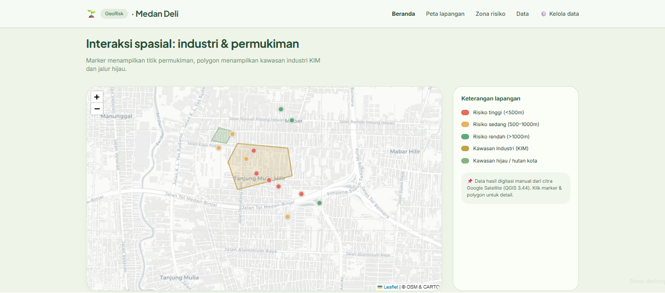 Screenshot 2 dari project Identifikasi Zona Risiko Permukiman terhadap Kedekatan Kawasan Industri di Kecamatan Medan Deli Berbasis Sistem Informasi Geografis