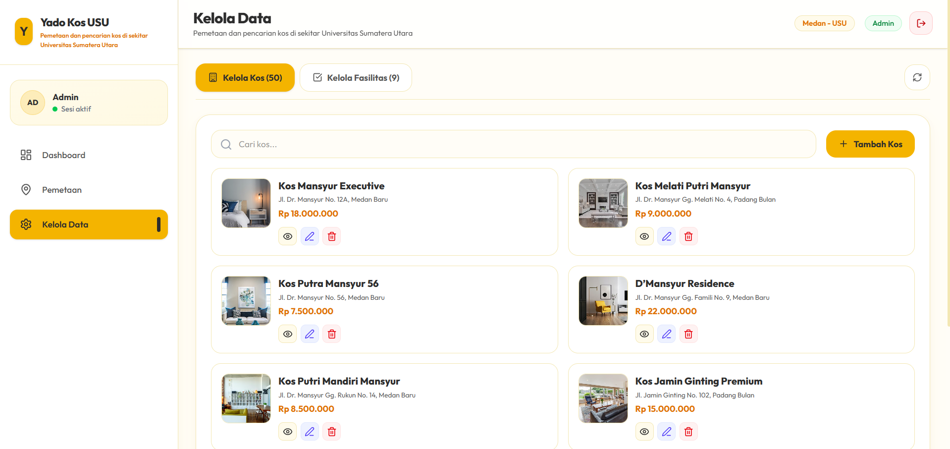 Screenshot 1 dari project SIG Pemetaan Kos Sekitar USU