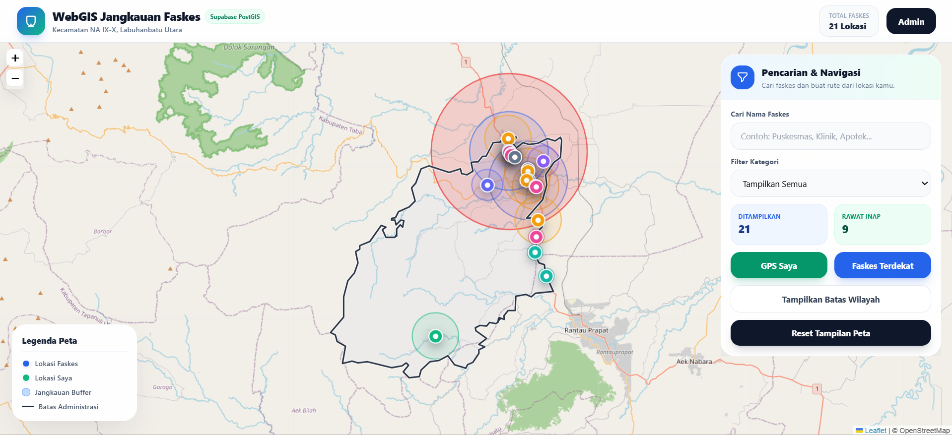 Screenshot 1 dari project WebGIS Jangkauan Faskes Berbasis Supabase PostGIS | Peta Interaktif & Dashboard Admin