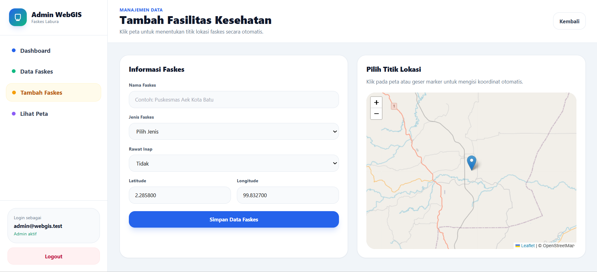 Screenshot 6 dari project WebGIS Jangkauan Faskes Berbasis Supabase PostGIS | Peta Interaktif & Dashboard Admin