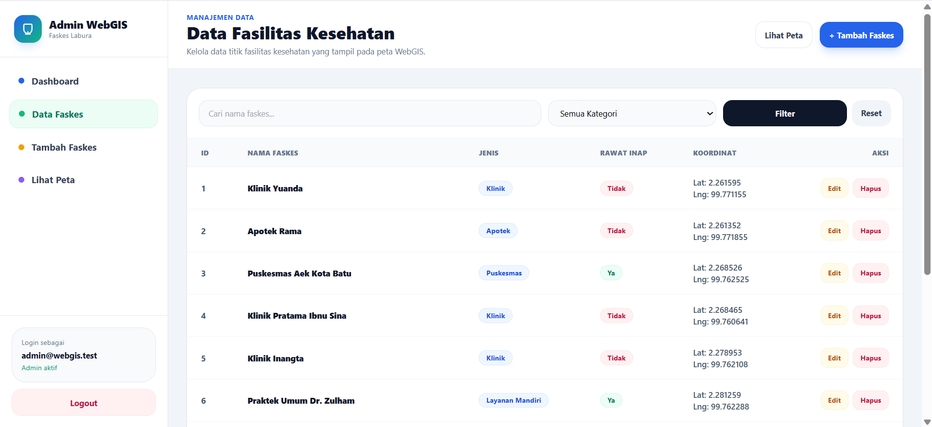 Screenshot 5 dari project WebGIS Jangkauan Faskes Berbasis Supabase PostGIS | Peta Interaktif & Dashboard Admin