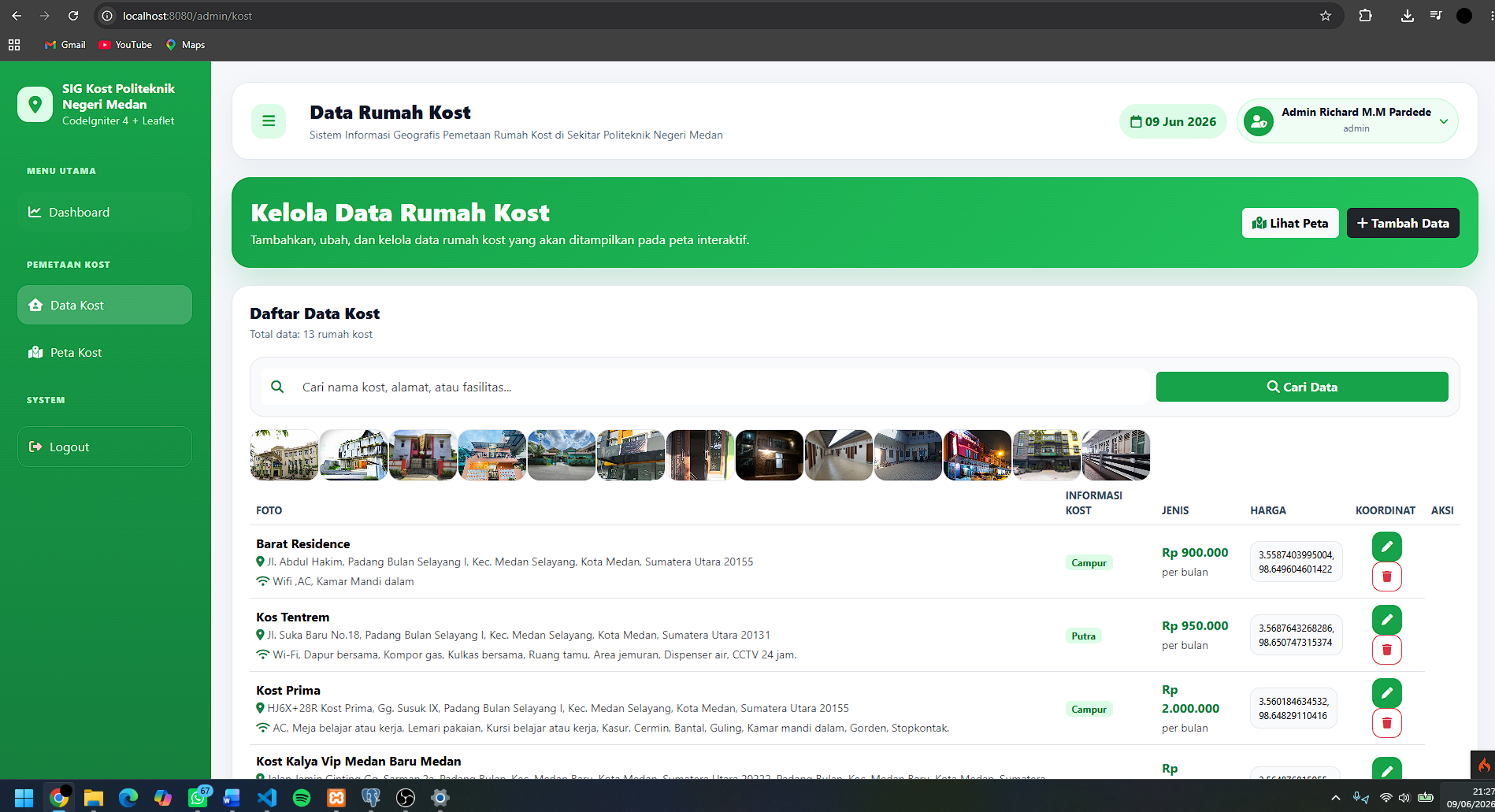 Screenshot 1 dari project Aplikasi WebGIS untuk pemetaan dan pencarian rumah kost di sekitar Politeknik Negeri Medan menggunakan CodeIgniter 4, PostgreSQL, dan Leaflet.