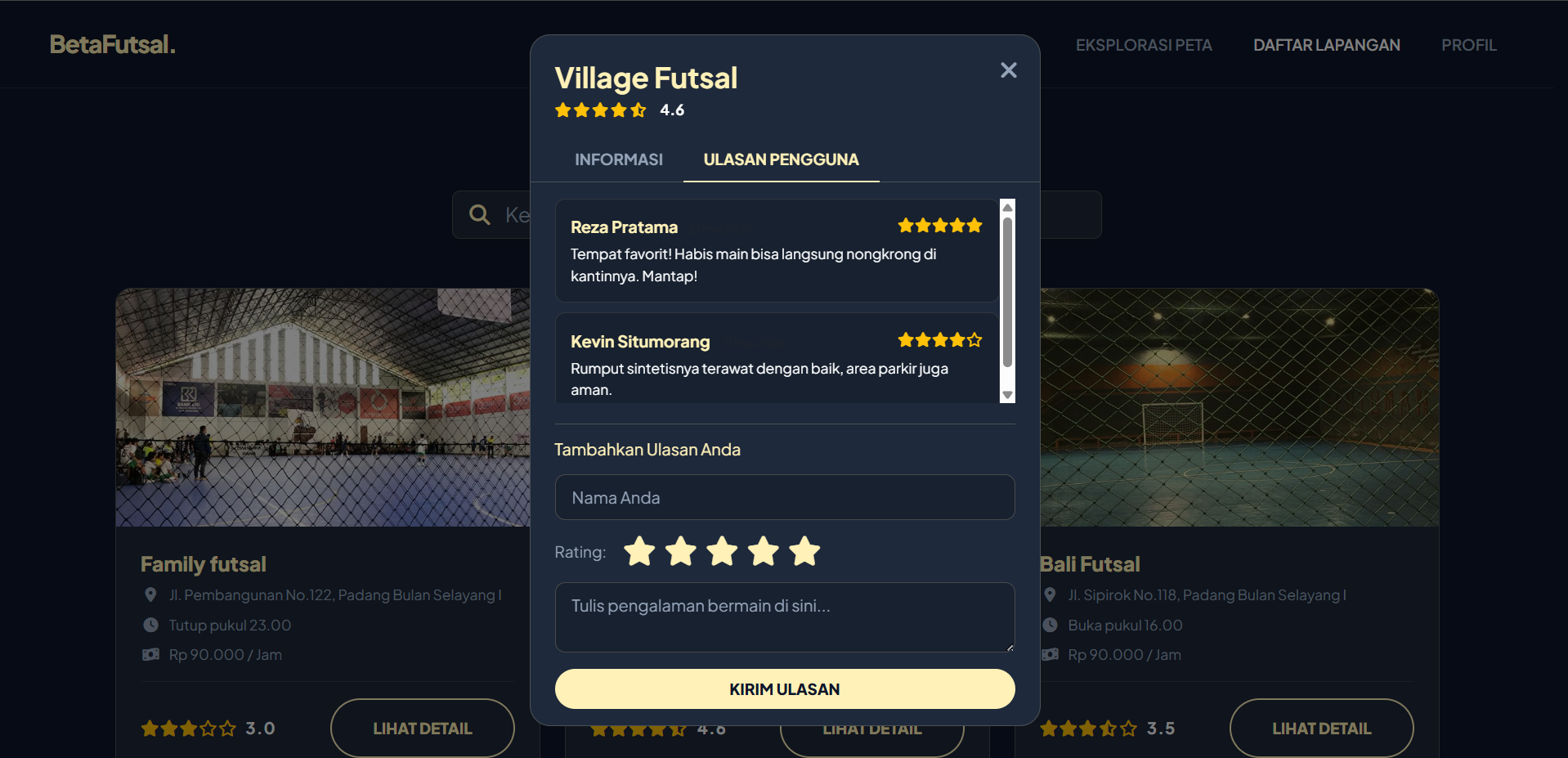 Screenshot 3 dari project Sistem Informasi Geografis Lapangan Futsal Dr.Mansyur Medan