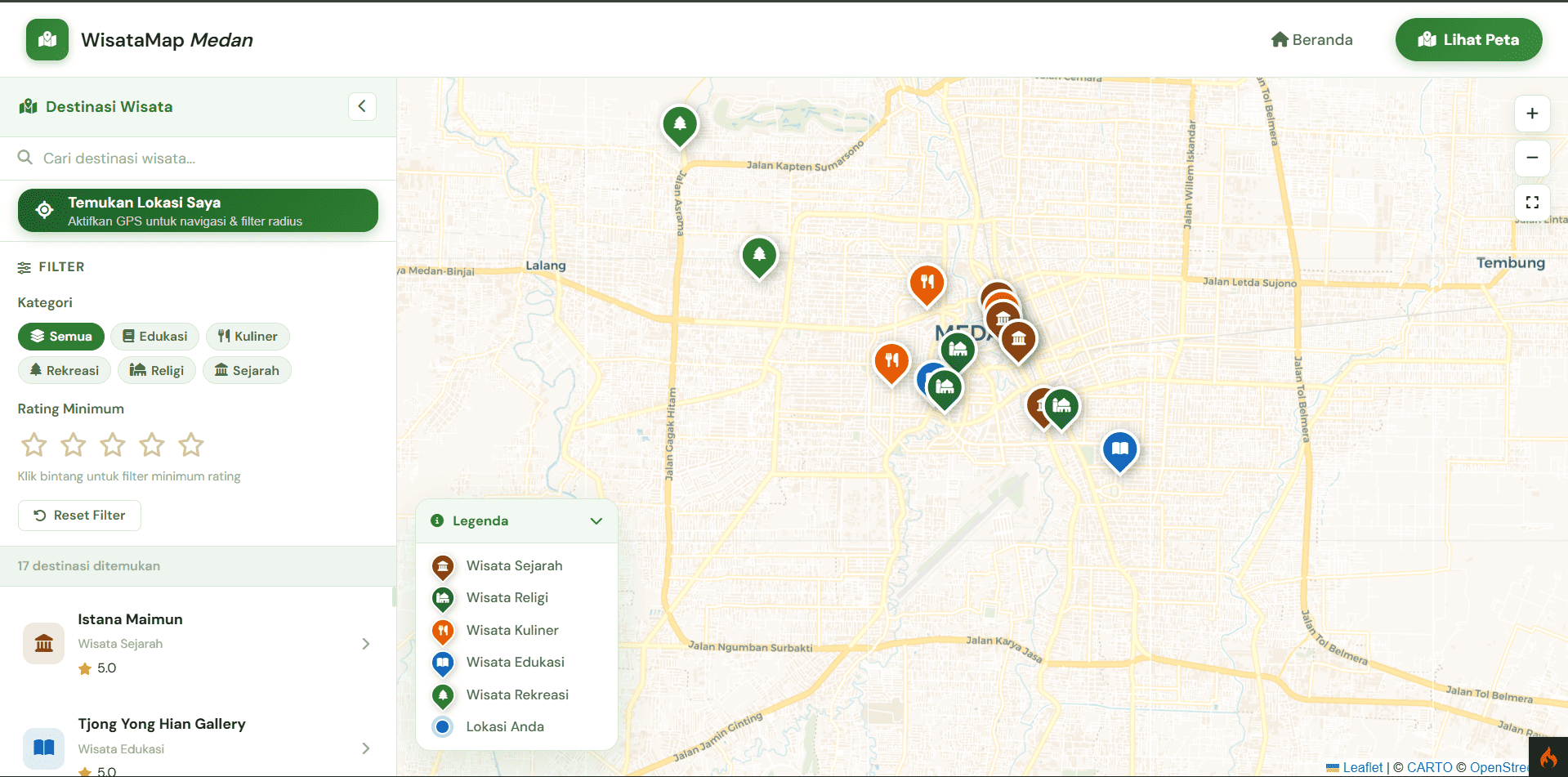Screenshot 2 dari project Sistem Informasi Geografis - Pemetaan Destinasi Wisata di Kota Medan