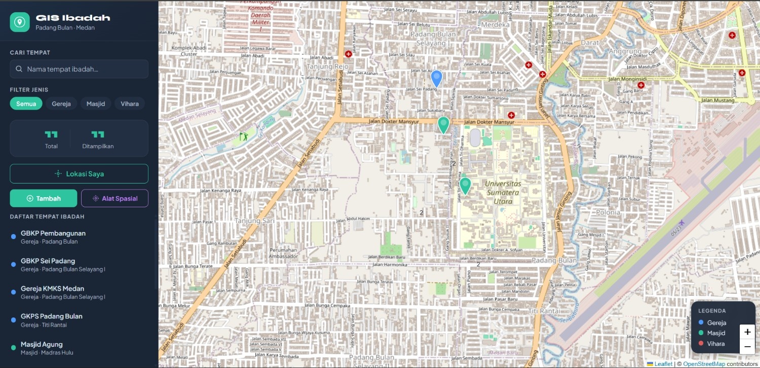Screenshot 1 dari project SISTEM INFORMASI GEOGRAFIS PERSEBARAN TEMPAT IBADAH SEKITAR PADANG BULAN