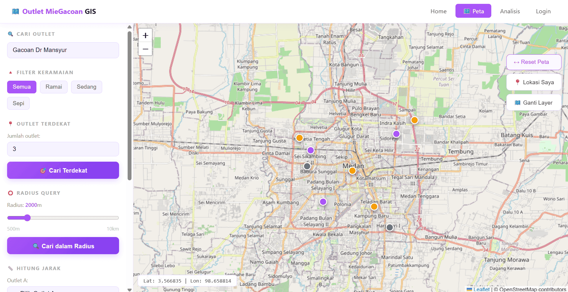 Screenshot 1 dari project Sistem Informasi Geografis Pemetaan Persebaran Outlet Mie Gacoan di Kota Medan