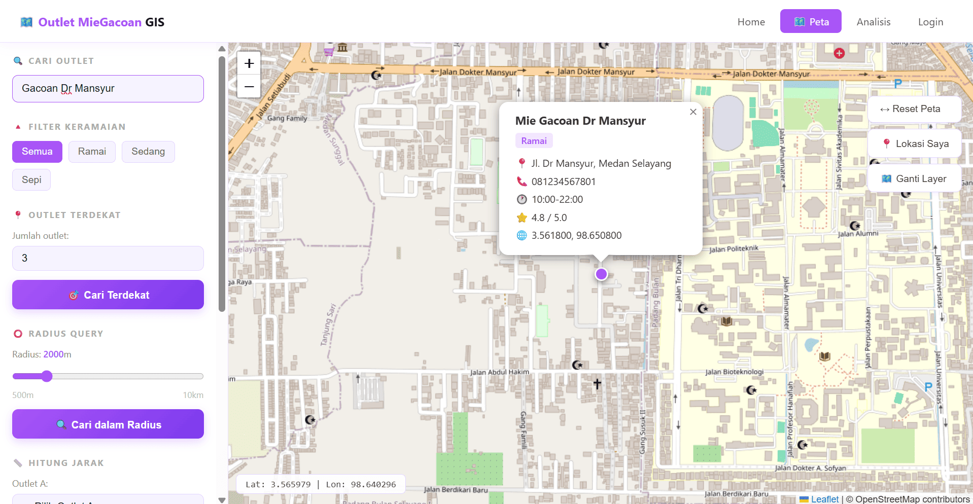 Screenshot 2 dari project Sistem Informasi Geografis Pemetaan Persebaran Outlet Mie Gacoan di Kota Medan