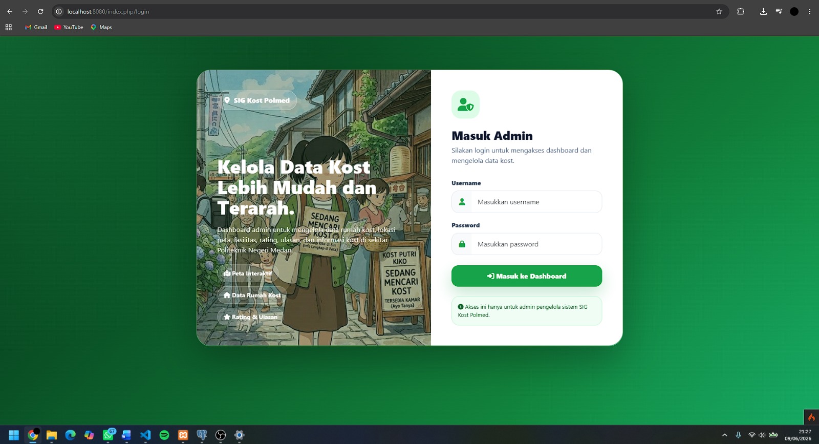 Screenshot 2 dari project Aplikasi WebGIS untuk pemetaan dan pencarian rumah kost di sekitar Politeknik Negeri Medan menggunakan CodeIgniter 4, PostgreSQL, dan Leaflet.