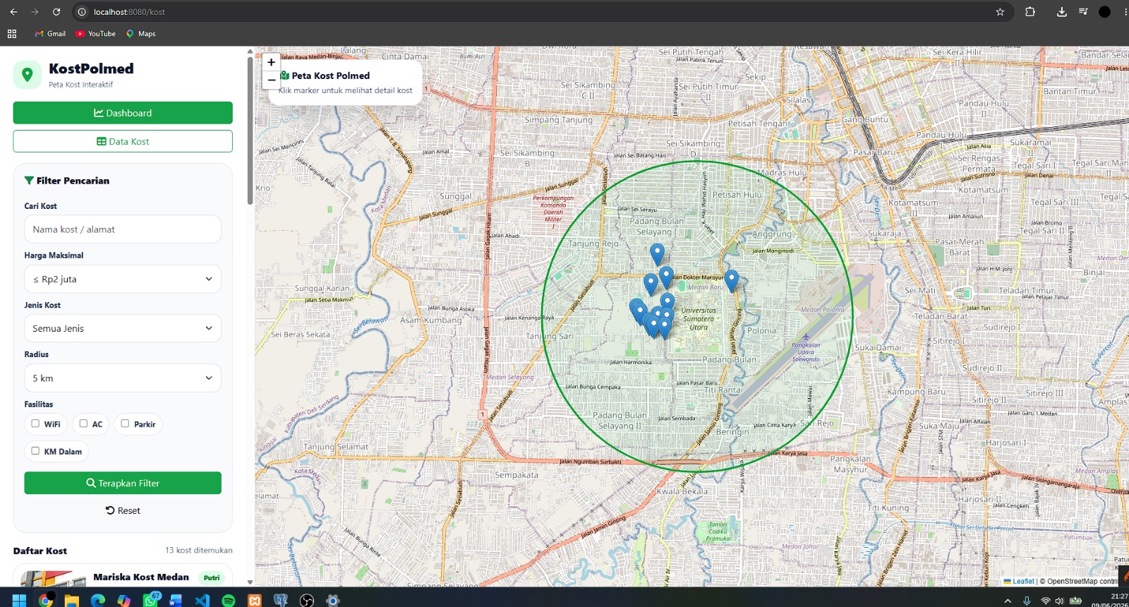 Screenshot 3 dari project Aplikasi WebGIS untuk pemetaan dan pencarian rumah kost di sekitar Politeknik Negeri Medan menggunakan CodeIgniter 4, PostgreSQL, dan Leaflet.
