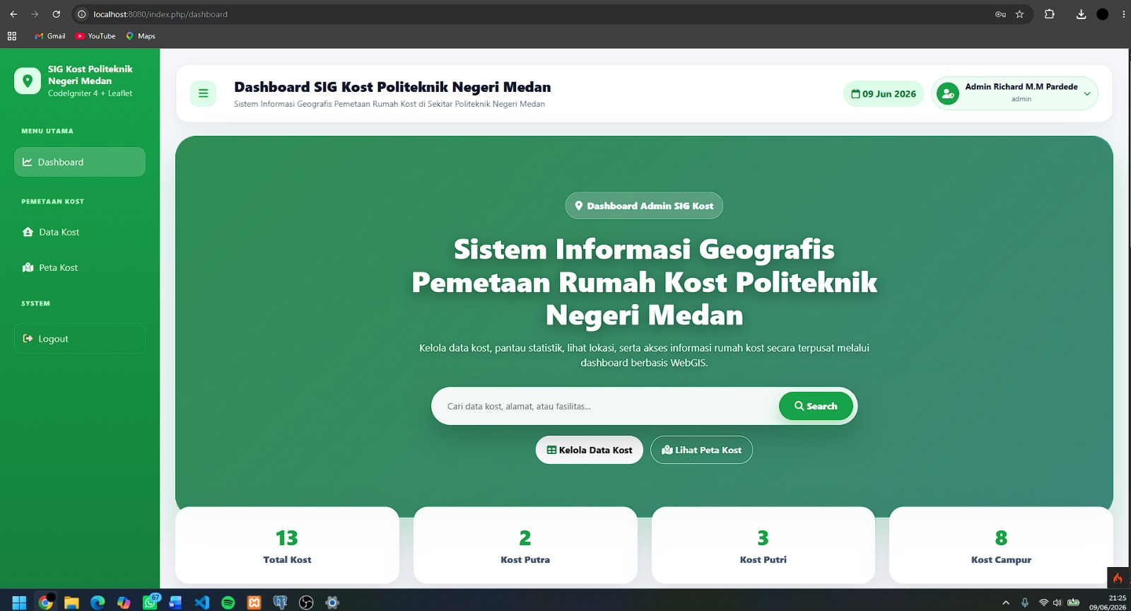 Screenshot 4 dari project Aplikasi WebGIS untuk pemetaan dan pencarian rumah kost di sekitar Politeknik Negeri Medan menggunakan CodeIgniter 4, PostgreSQL, dan Leaflet.