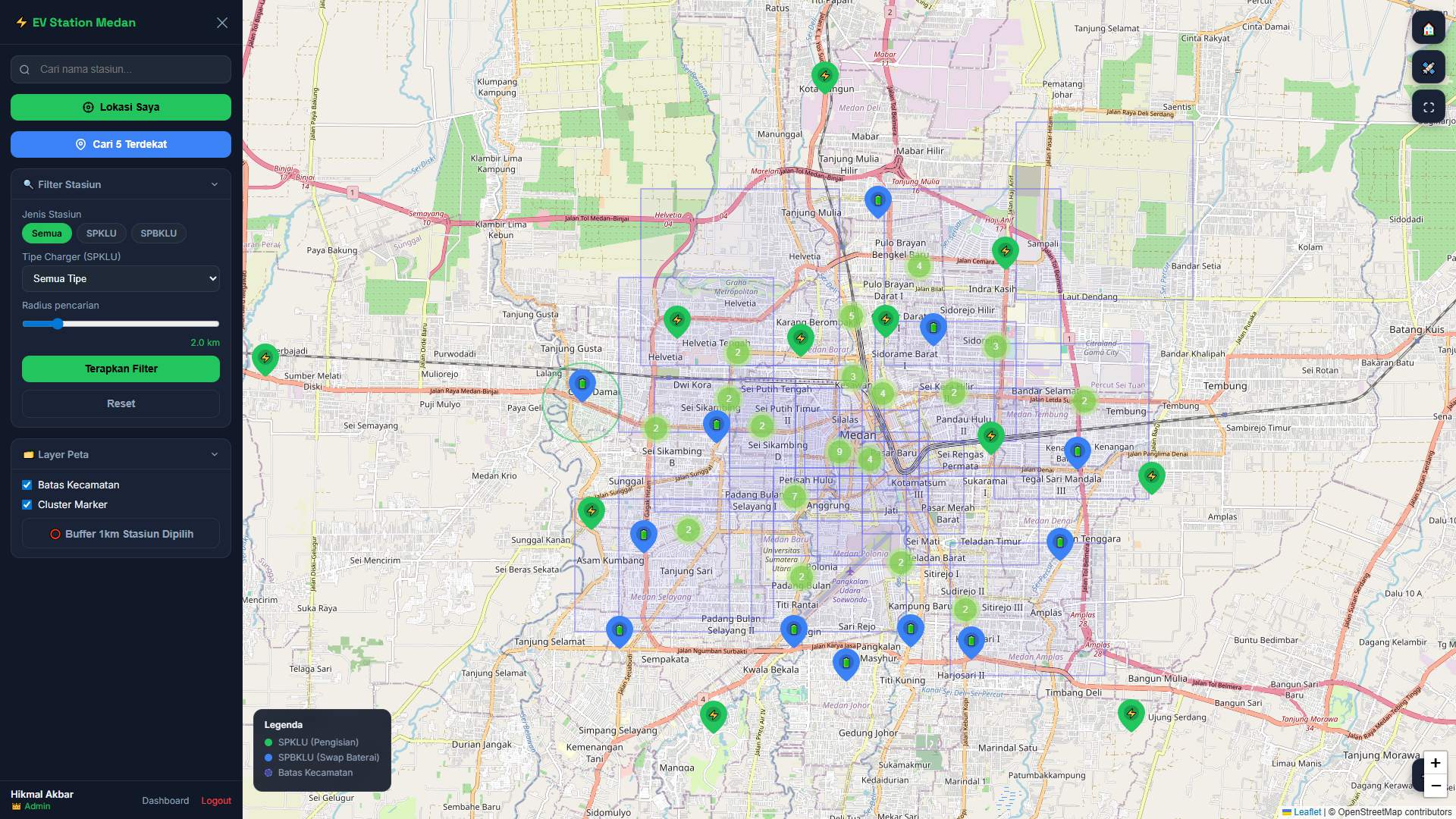 Screenshot 2 dari project SIG Pemetaan SPKLU & SPBKLU di Kota Medan Berbasis Web