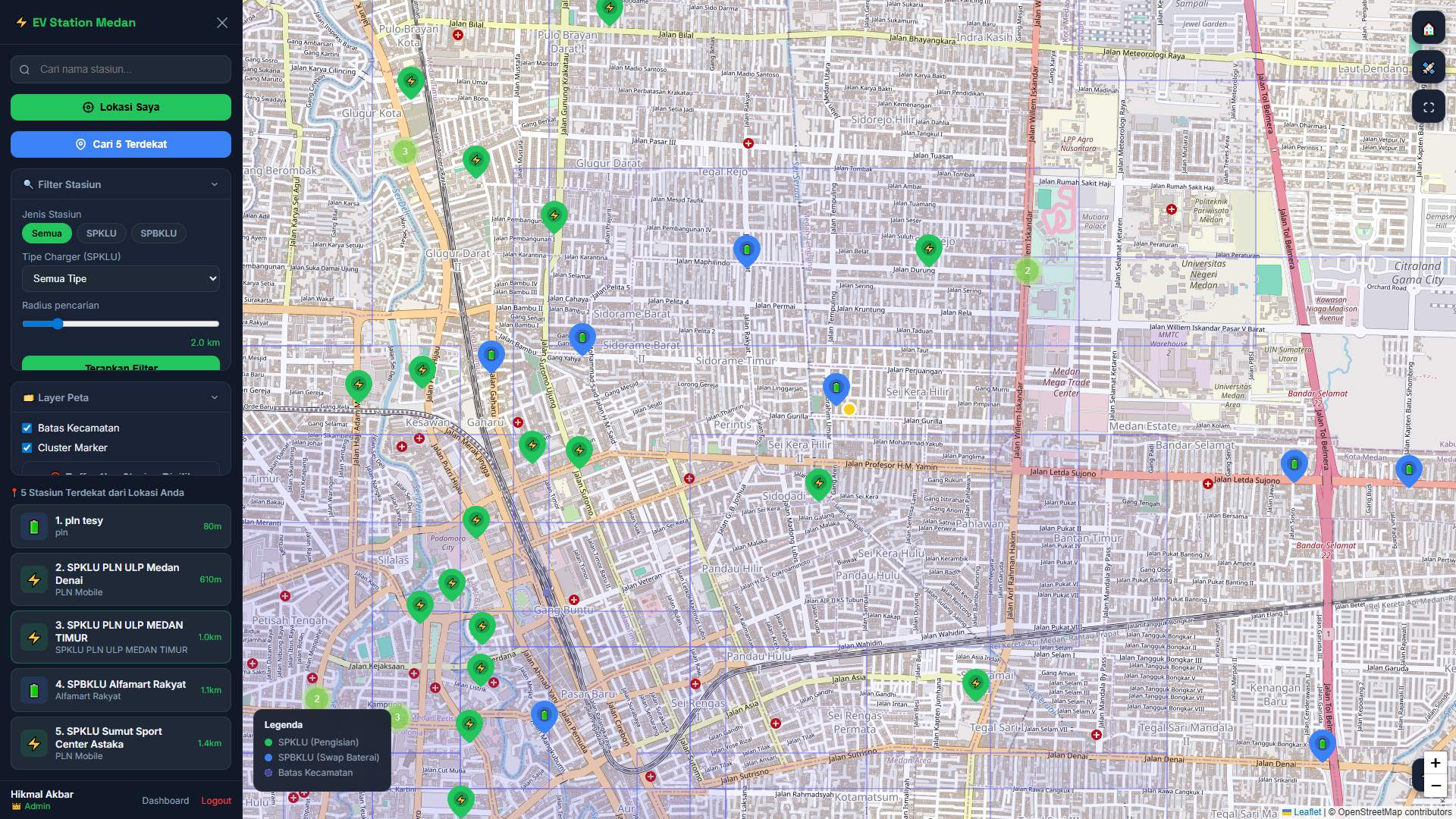 Screenshot 3 dari project SIG Pemetaan SPKLU & SPBKLU di Kota Medan Berbasis Web