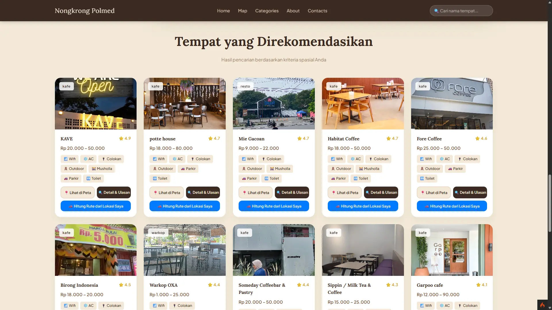 Screenshot 1 dari project Pemetaan Tempat Nongkrong Mahasiswa Berdasarkan  Fasilitas Dan Kisaran Harga Di Sekitaran Politeknik Negeri Medan Berbasis Web