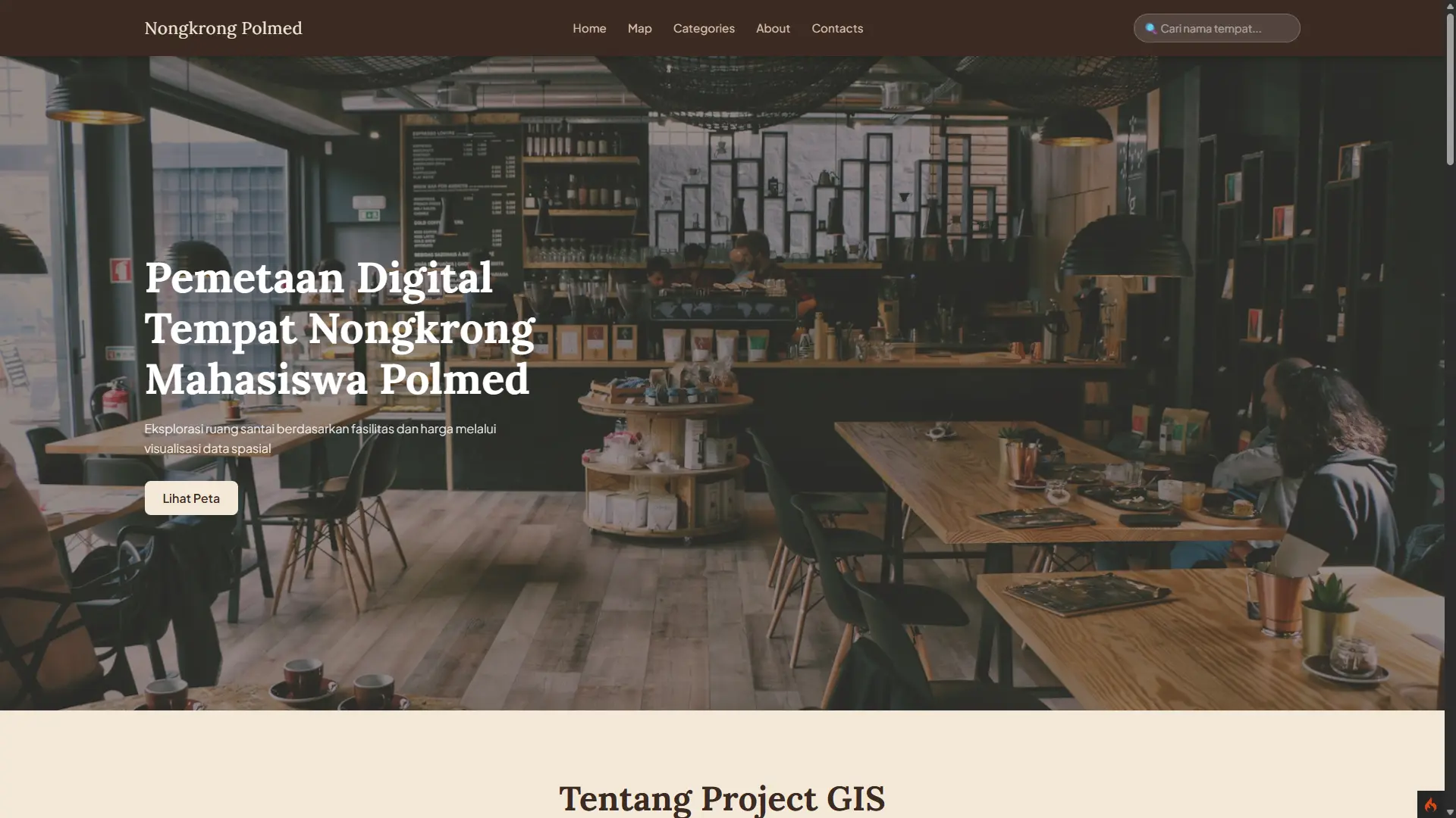 Screenshot 2 dari project Pemetaan Tempat Nongkrong Mahasiswa Berdasarkan  Fasilitas Dan Kisaran Harga Di Sekitaran Politeknik Negeri Medan Berbasis Web