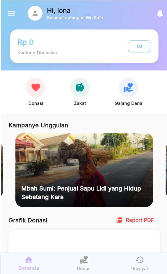 Screenshot 1 dari project Aplikasi Donasi We Safe Berbasis Flutter